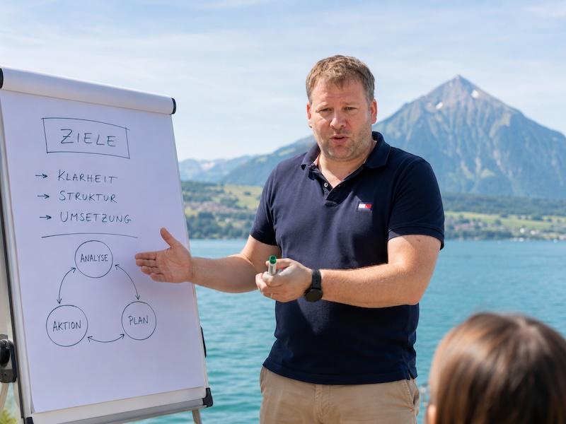 Michu vor dem Flipchart am See