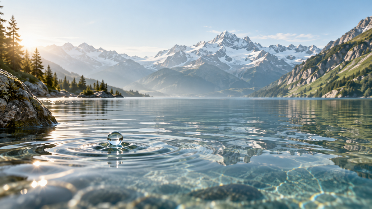 Kristallklares Alpenwasser vor einer ruhigen Berglandschaft