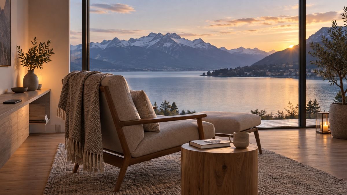 Ruhiger Sessel mit Blick auf See und Berge – Symbolbild für eine bewusste Pause
