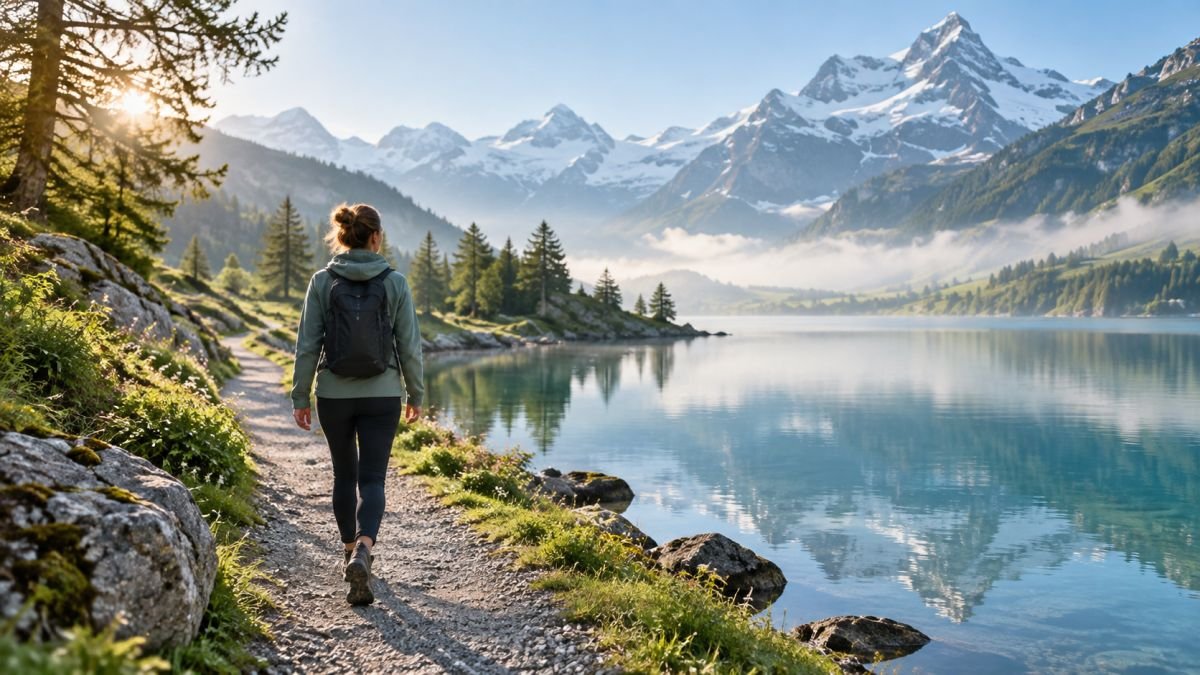Frau auf einem Weg am Bergsee – Symbolbild für achtsame Bewegung