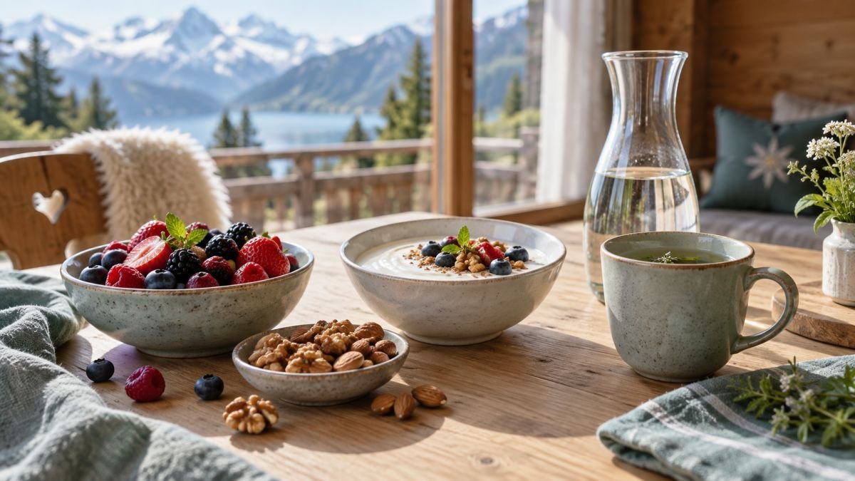 Beeren, Nüsse und Wasser auf einem Tisch – Symbolbild für ausgewogene Ernährung