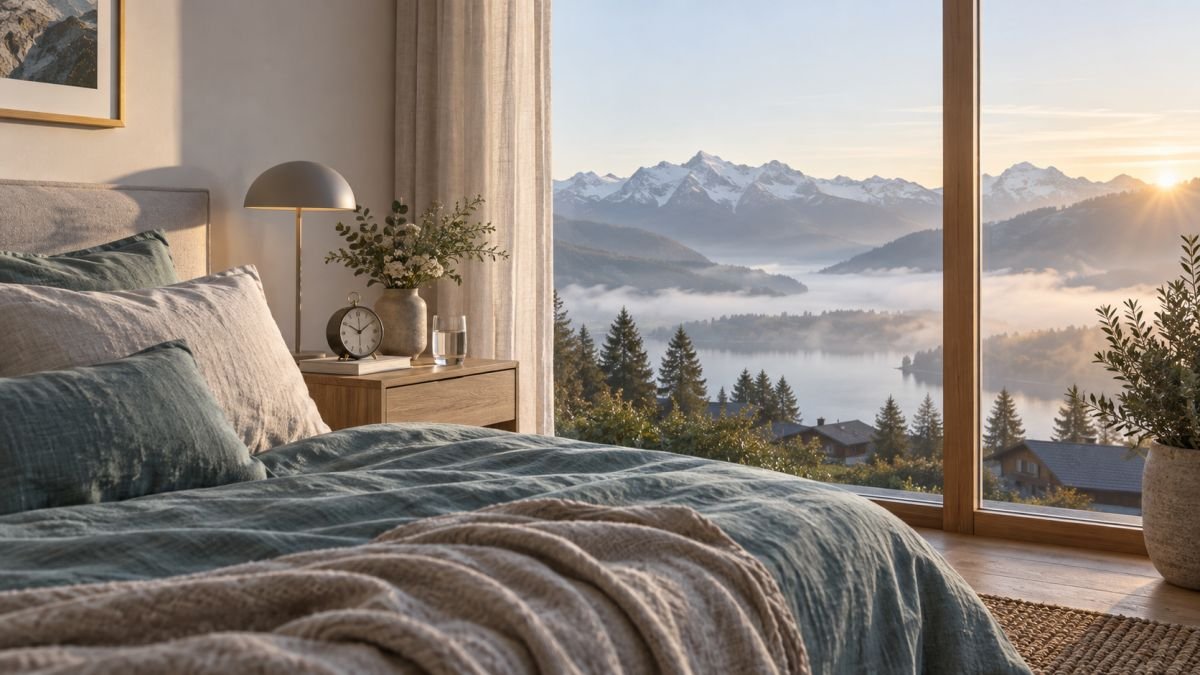 Ruhiges Schlafzimmer mit Bergblick – Symbolbild für Schlaf und Erholung