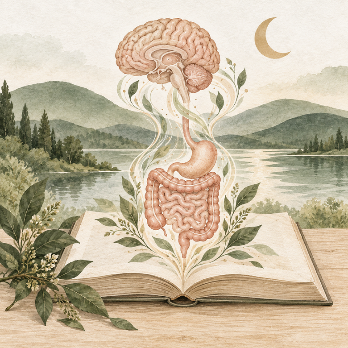 Darm und Gehirn mit verbindenden Signalwegen – symbolische natürliche Illustration