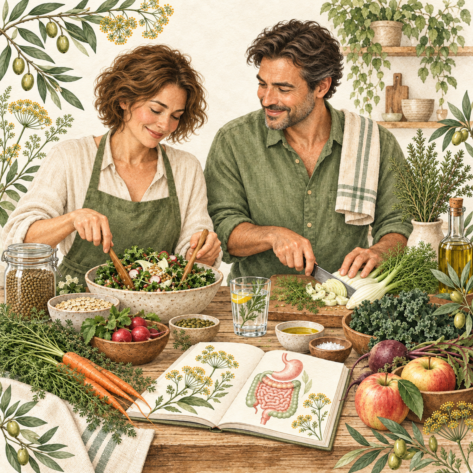 Frau und Mann bereiten gemeinsam eine vielseitige Mahlzeit zu – Illustration zur Darmgesundheit