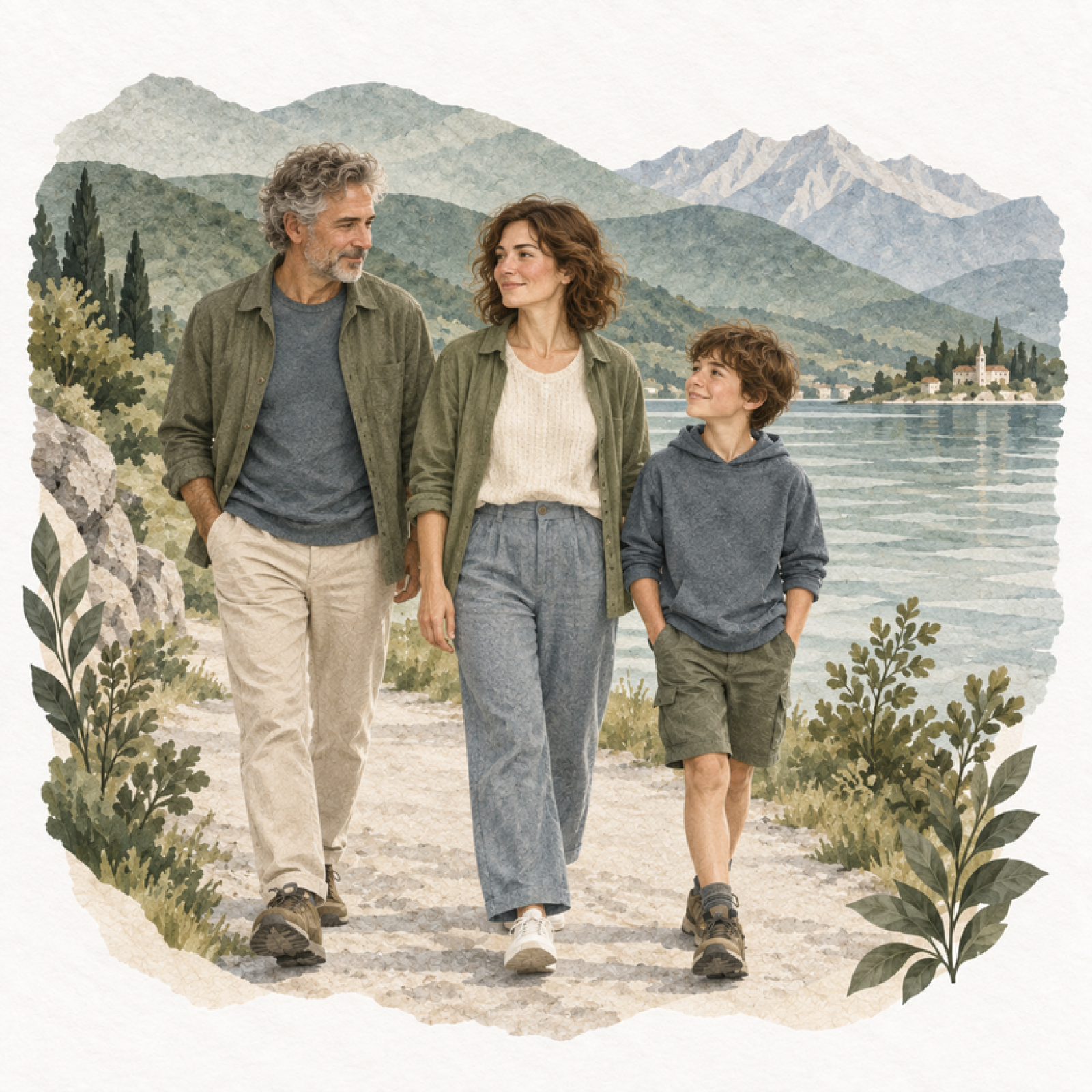 Familie beim Spaziergang am See – natürliche Illustration zu Familiengeschichte und Generationen