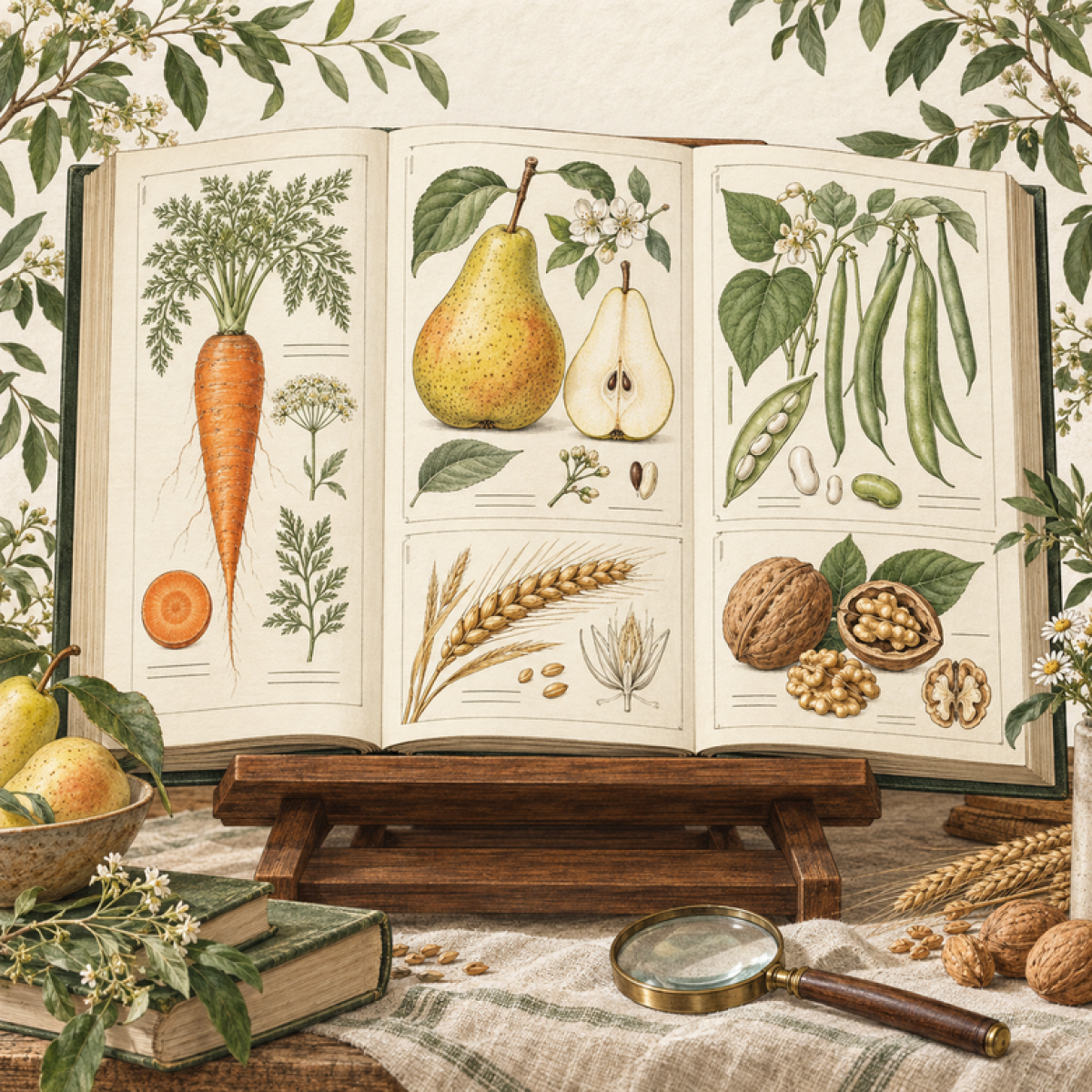 Botanisch illustriertes Lebensmittellexikon mit Getreide, Nüssen, Früchten und Gemüse