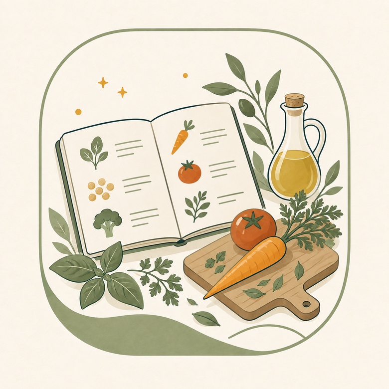 Rezeptbuch, Gemüse und Olivenöl für eine individuelle Essensplanung