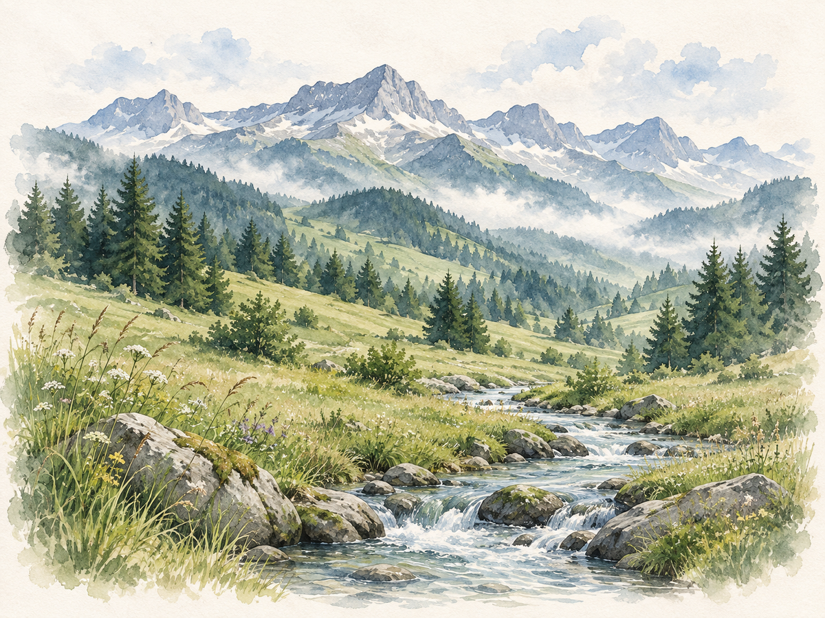 Aquarellillustration des Naturparks Gantrisch mit Bergen, Wald und Bach