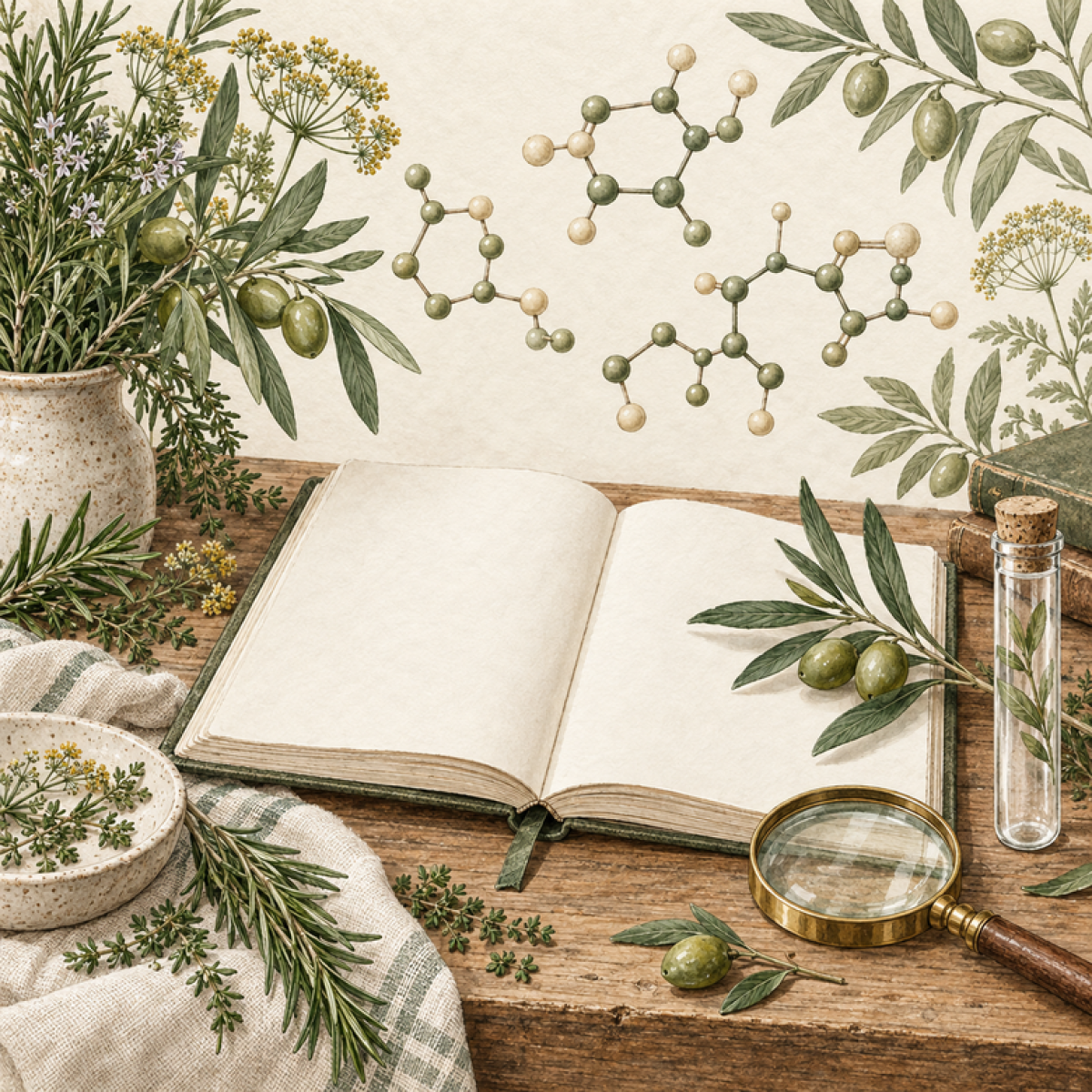 Molekülstrukturen, Probenröhrchen und Lupe als symbolische Illustration zur Hormonanalyse