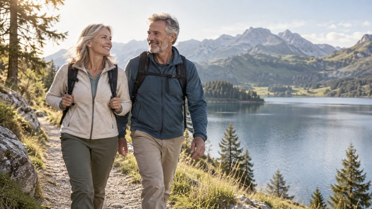Mann und Frau wandern gemeinsam an einem Bergsee
