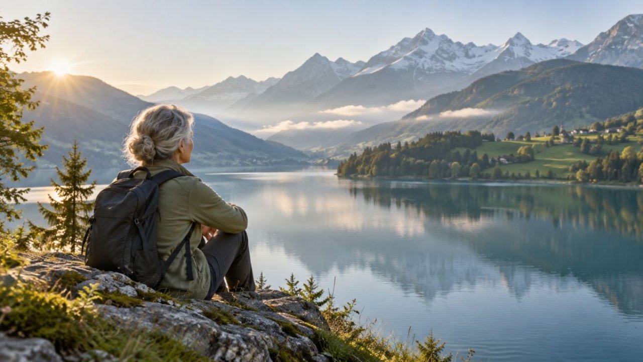 Ältere Frau mit Rucksack blickt über einen Bergsee – Symbolbild für einen bewussten Alltag