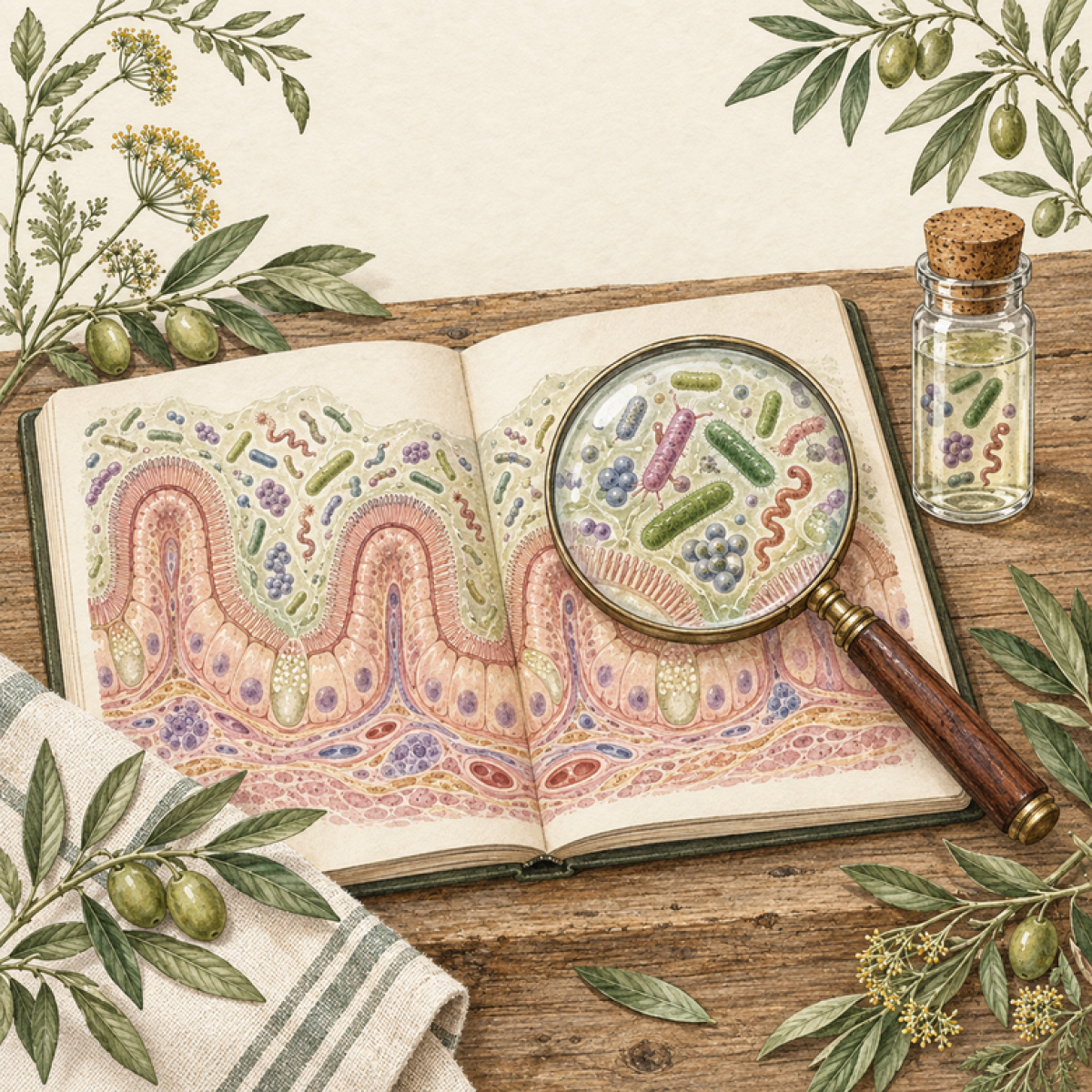 Symbolische Illustration von Darmbarriere und Mikroorganismen in einem aufgeschlagenen Buch