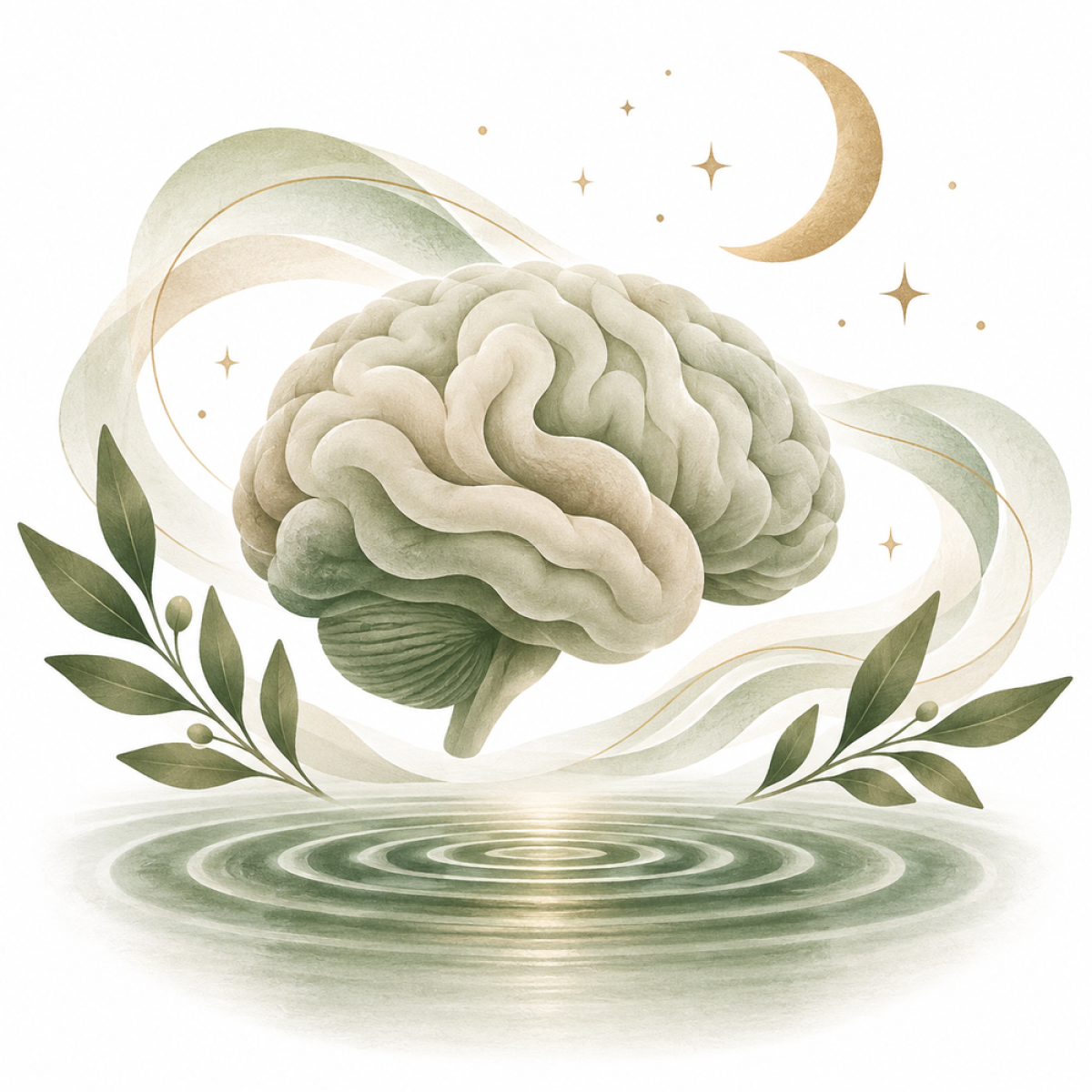 Symbolisches Gehirn mit Mond und Wasser für Erholung im Schlaf