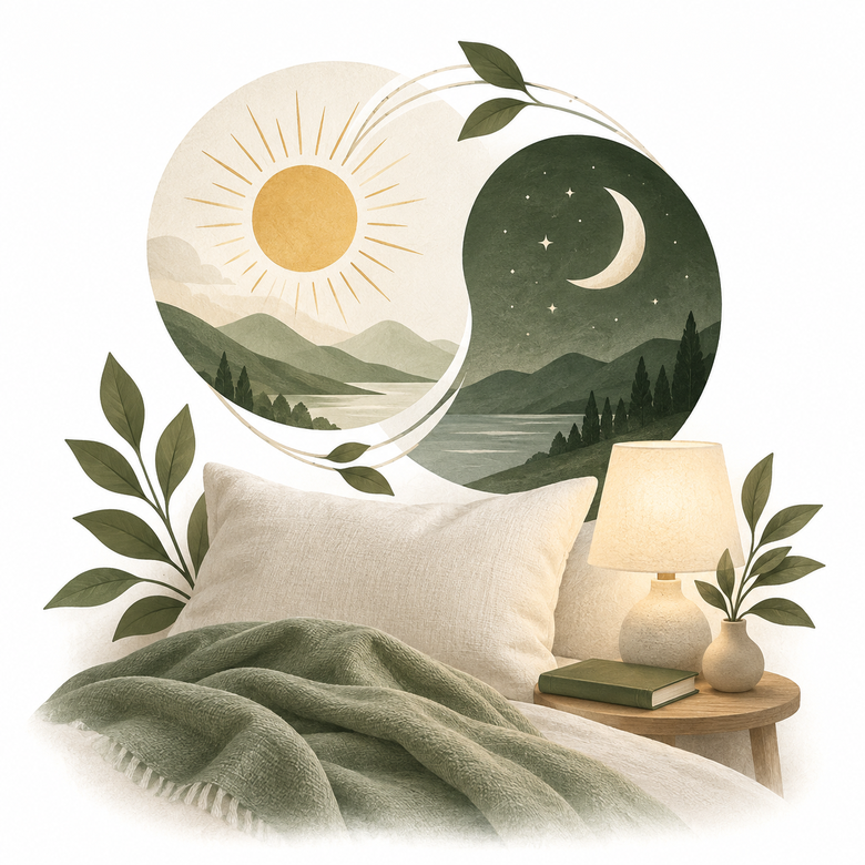 Tag-Nacht-Rhythmus mit Bett und Lampe – Illustration zu Schlafhygiene und Routinen