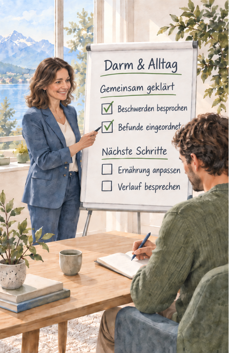 Braunhaarige Beraterin erklärt am Flipchart Darm & Alltag besprochene Beschwerden, eingeordnete Befunde und nächste Schritte zu Ernährung und Verlauf