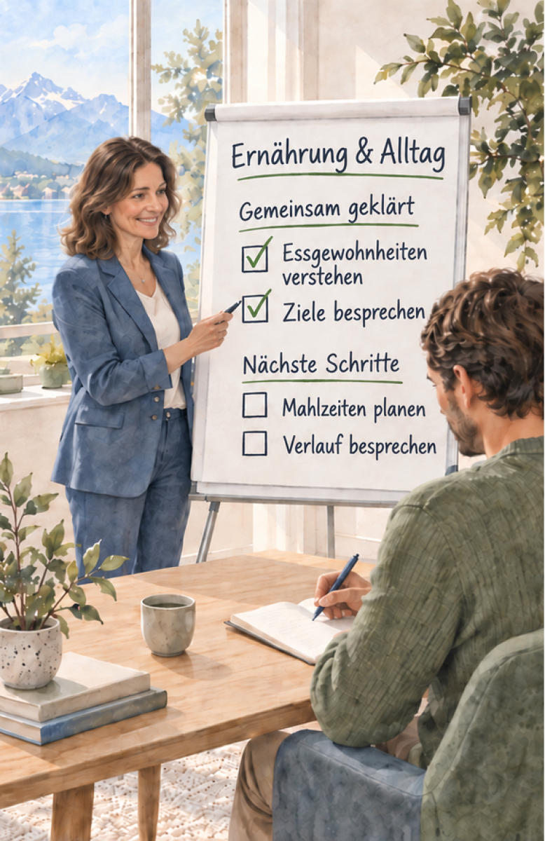 Braunhaarige Beraterin erklärt am Flipchart Ernährung & Alltag: Essgewohnheiten verstehen, Ziele besprechen, Mahlzeiten planen und Verlauf besprechen