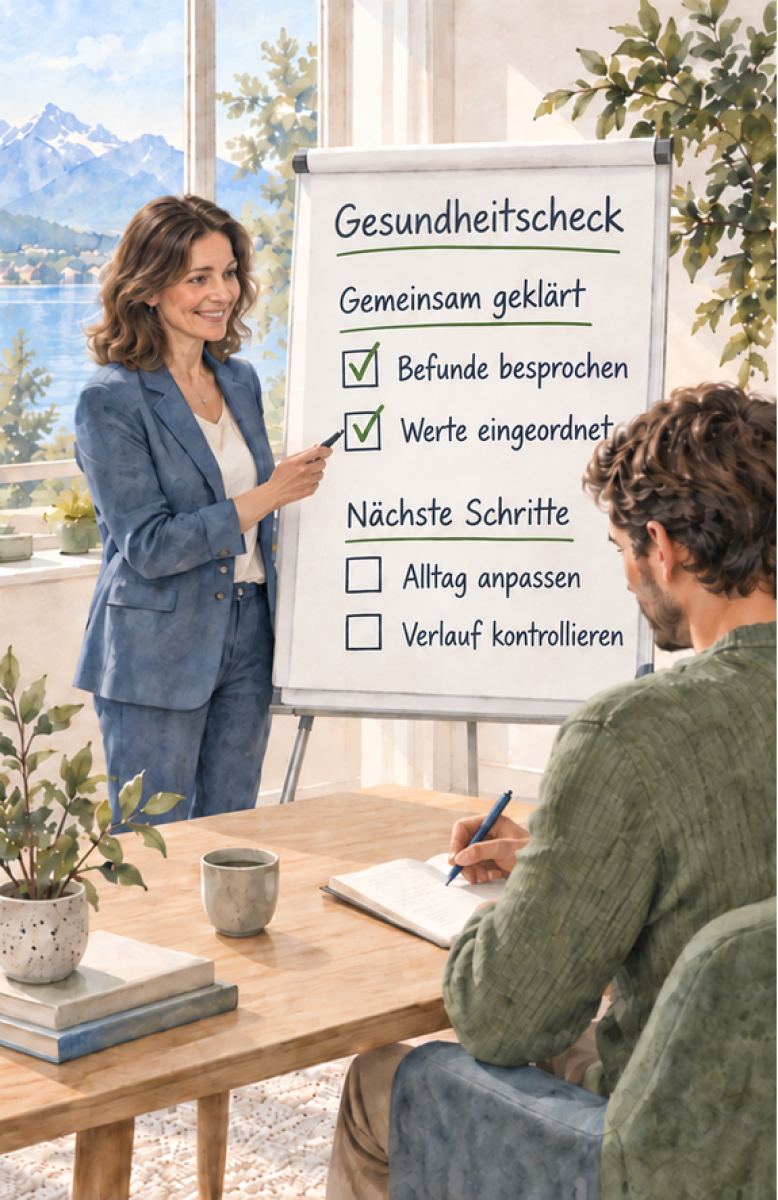 Braunhaarige Beraterin erklärt am Flipchart zum Gesundheitscheck besprochene Befunde und nächste Schritte
