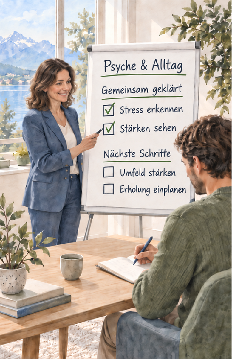 Braunhaarige Beraterin begleitet einen Kunden am Flipchart Psyche & Alltag: Stress erkennen, Stärken sehen, Umfeld stärken und Erholung einplanen.