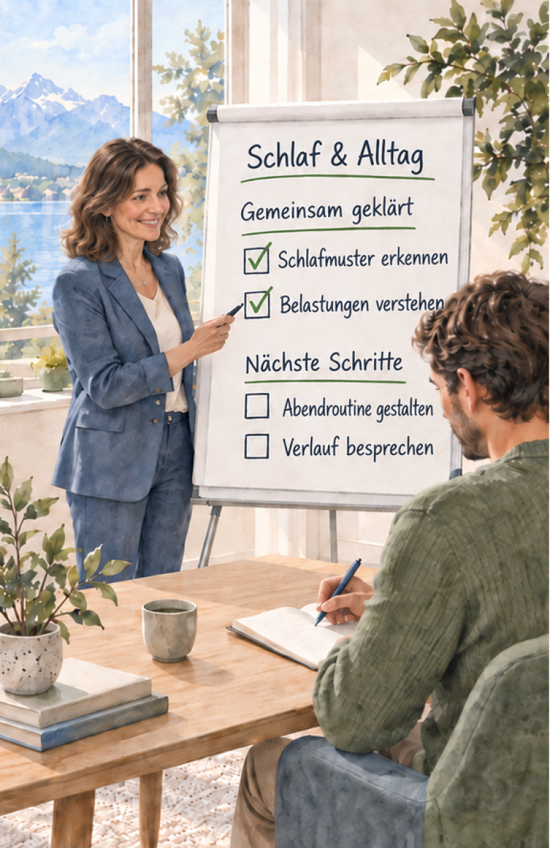 Braunhaarige Beraterin erläutert Schlafmuster, Belastungen und nächste Schritte am Flipchart Schlaf & Alltag