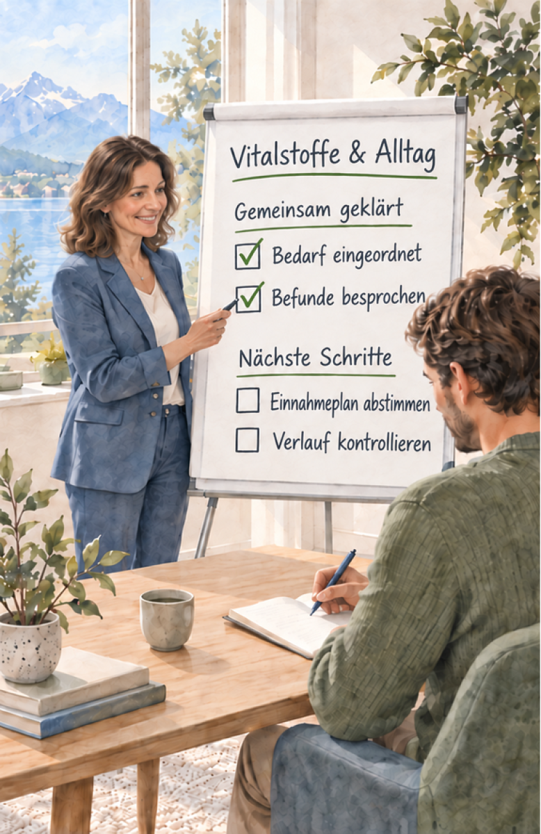 Beraterin erklärt am Flipchart Vitalstoffe und Alltag: Bedarf und Befunde sowie Einnahmeplan und Verlaufskontrolle