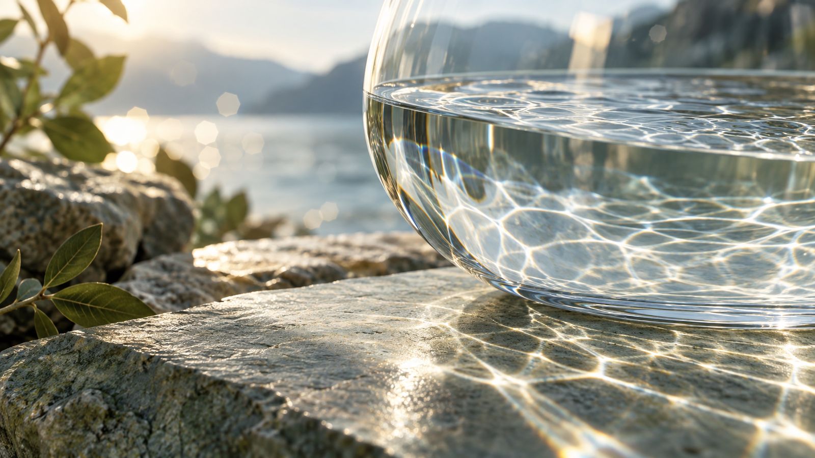Wasserglas mit Lichtreflexen als Symbolbild zu Wasser an Grenzfl&auml;chen