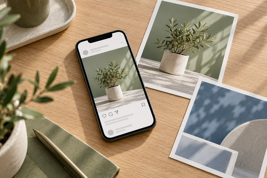 Illustratives Social-Ads-Motiv mit Smartphone und Anzeigenentwürfen